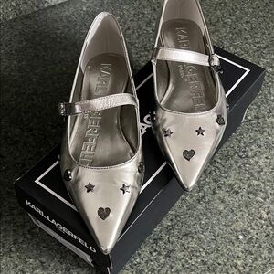 Karl Lagerfeld Silver Pointed Mary Jane Flats with Heart & Star Studs